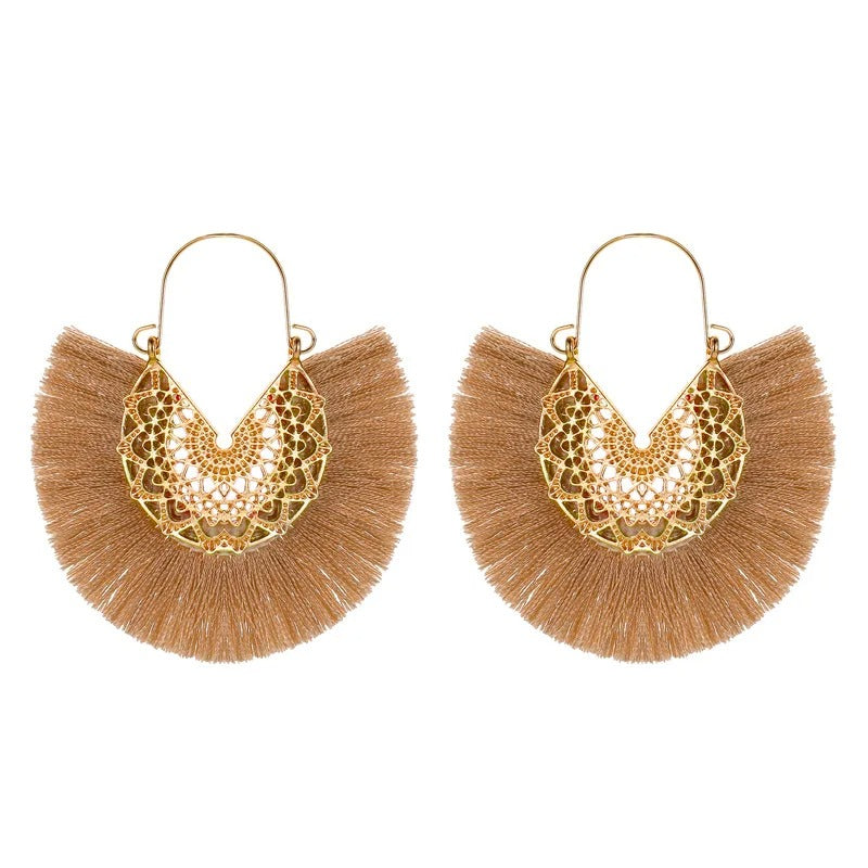 Boho Fan-Shaped Lace Tassel Earrings