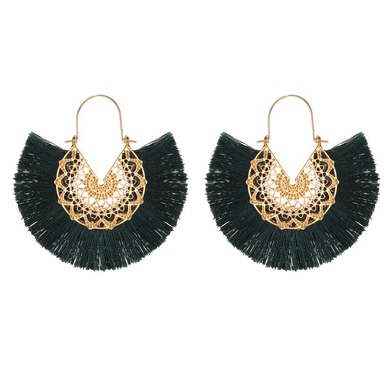 Boho Fan-Shaped Lace Tassel Earrings