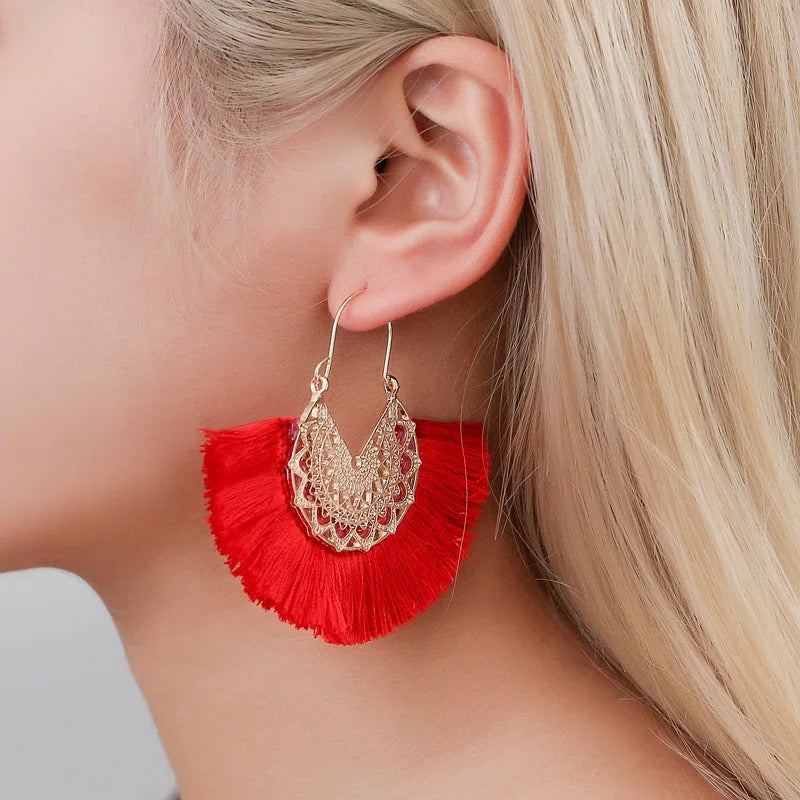 Boho Fan-Shaped Lace Tassel Earrings