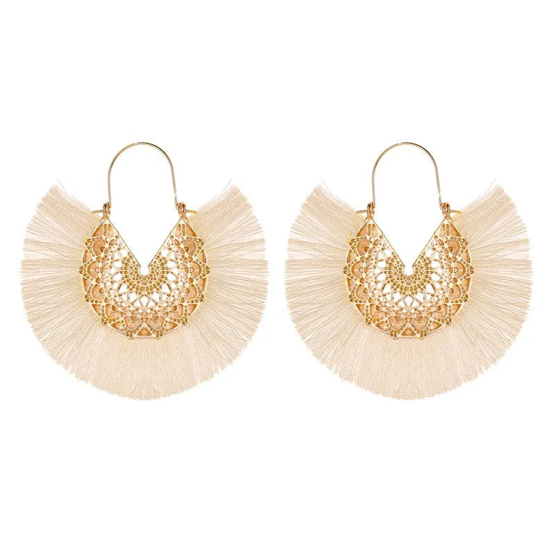 Boho Fan-Shaped Lace Tassel Earrings
