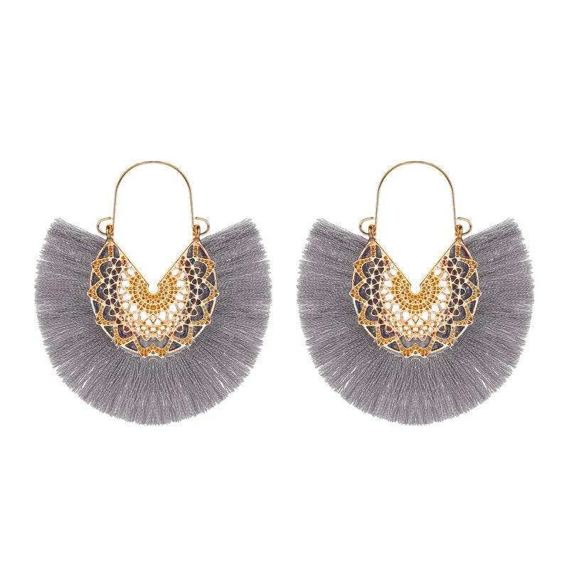 Boho Fan-Shaped Lace Tassel Earrings
