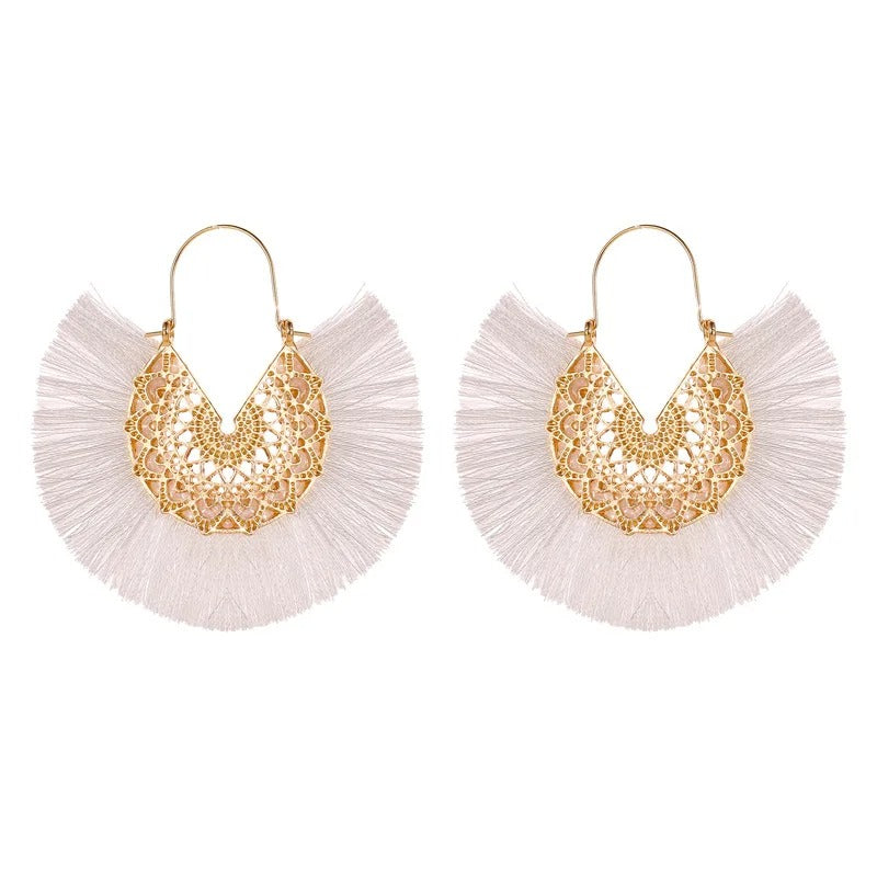 Boho Fan-Shaped Lace Tassel Earrings
