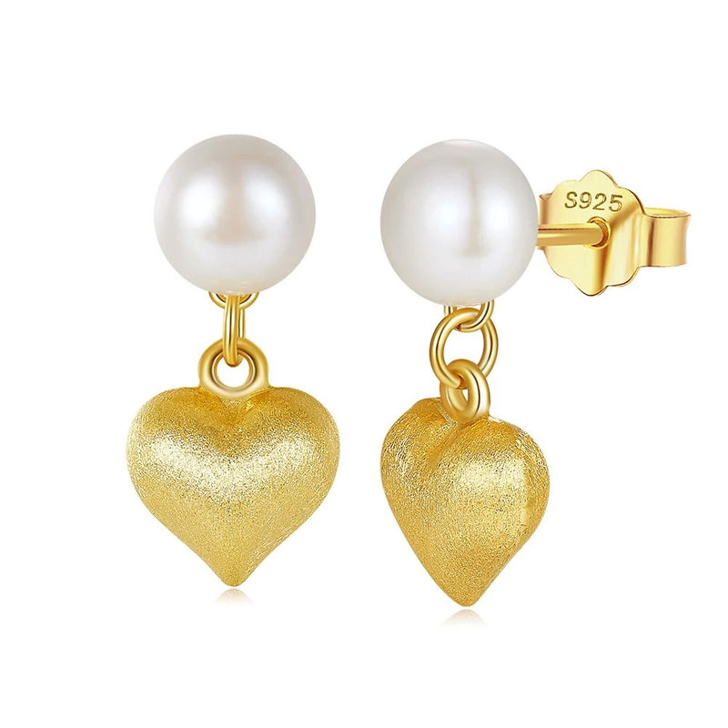 Charming Heart Dangle Earrings with Natural Pearl and 14K Gold Accents