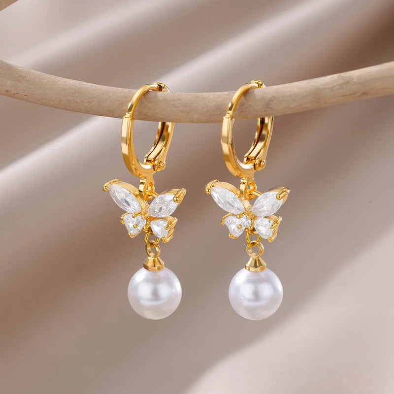 Butterfly Pearl Zircon Earrings