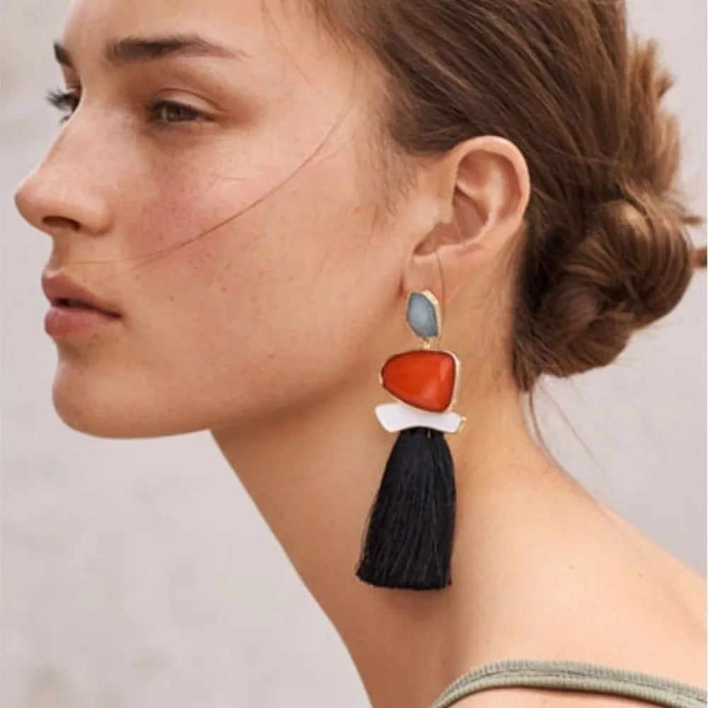 Colorblock Stone & Tassel Earrings