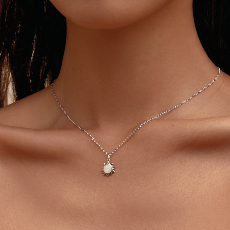 Radiant White Opal Sun Pendant Necklace in 925 Sterling Silver