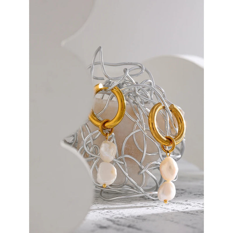 Stainless Steel Natural Pearl Hoop Earrings