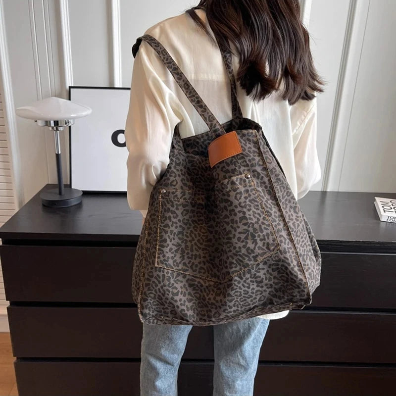 Leopard Pattern Tote Bag. Vintage Canvas Shoulder Bag.