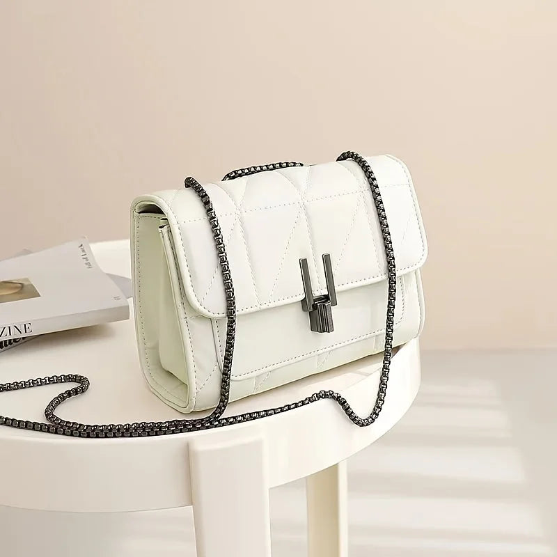 Elegant Black  Leather Shoulder Bag with Chain Strap - Light Luxury, Plaid Pattern with Turn-lock Closure