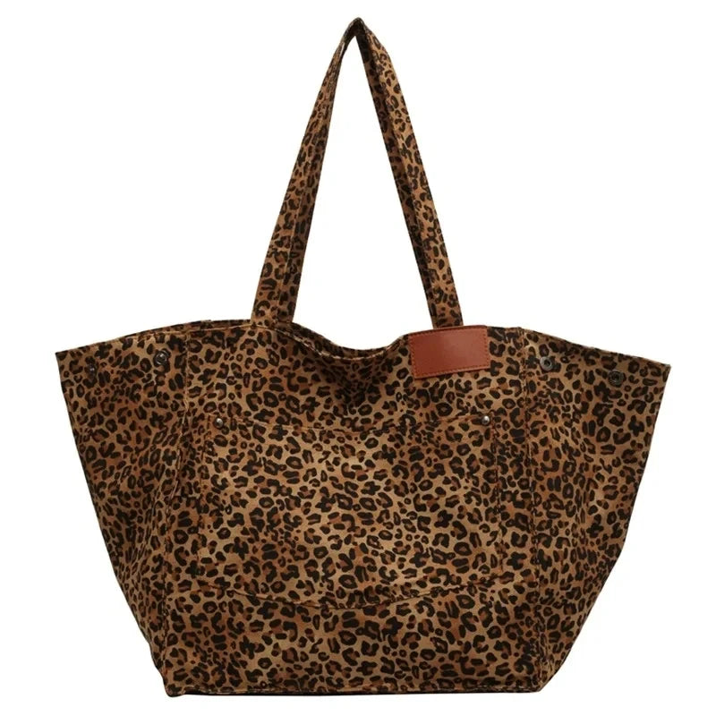 Leopard Pattern Tote Bag. Vintage Canvas Shoulder Bag.