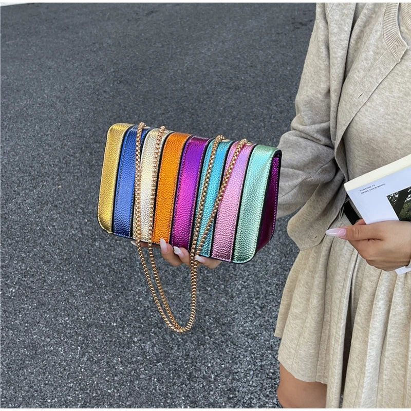 Rainbow Contrast Color Crossbody Shoulder Bag. Metal Chain Sling Bag