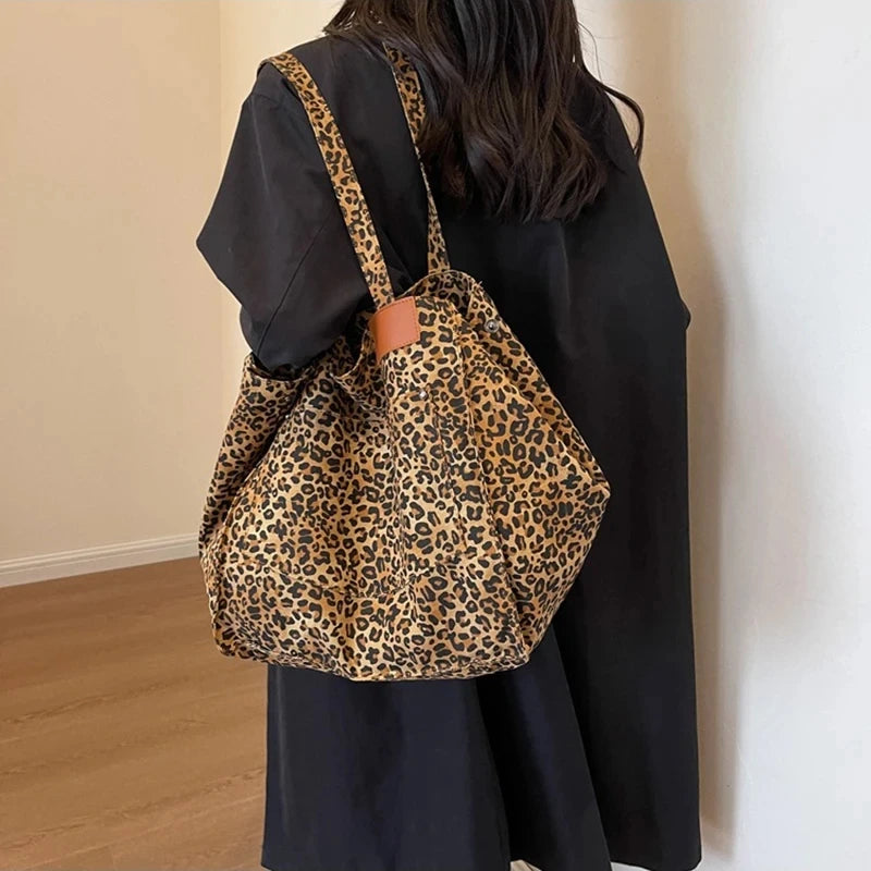 Leopard Pattern Tote Bag. Vintage Canvas Shoulder Bag.