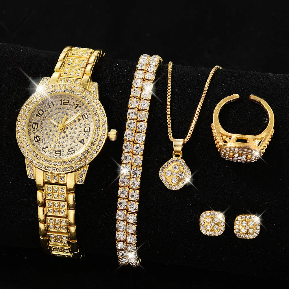 Full Diamond Roman Literal Steel Strip Women's Watch with Starry Charm Business Quartz Watch Set