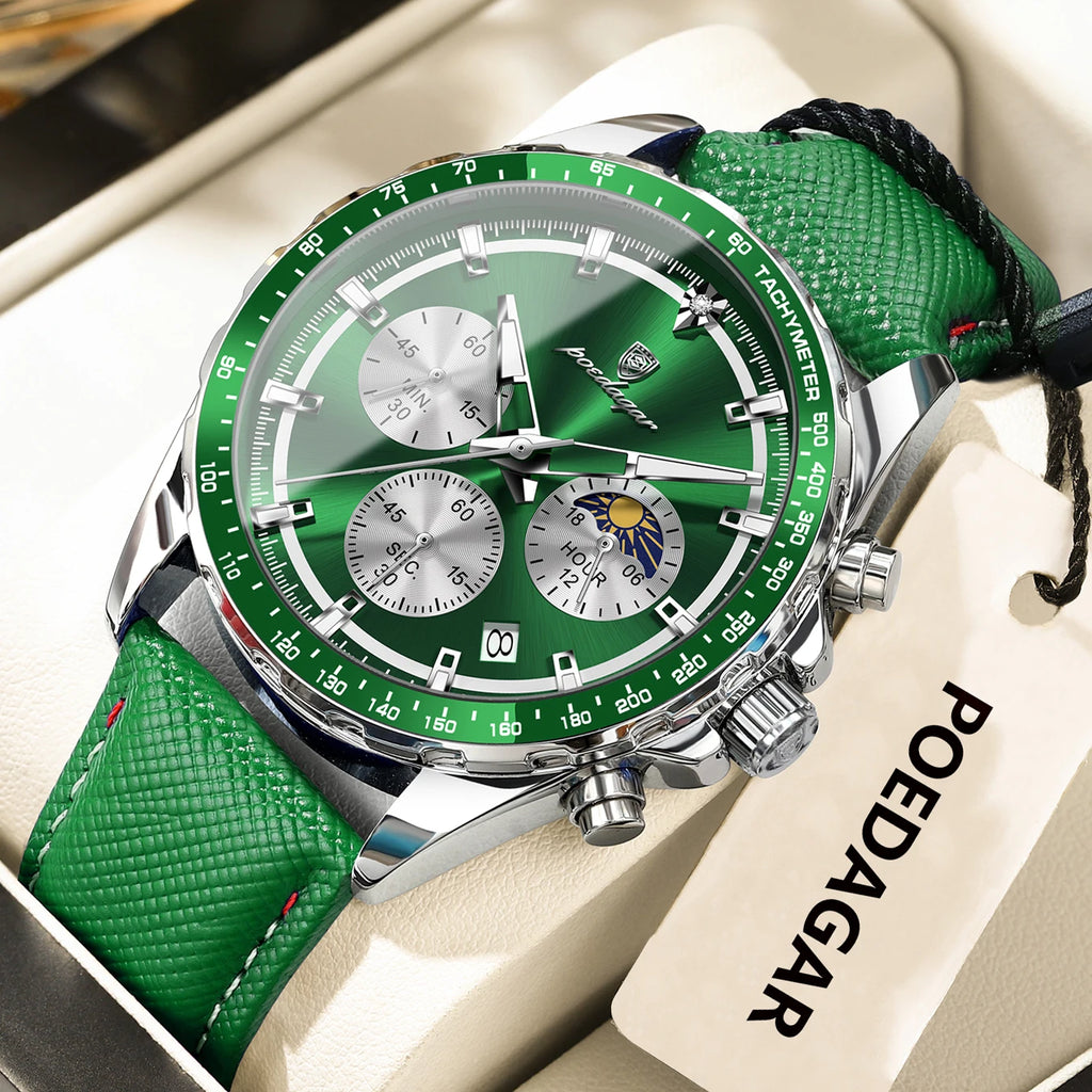 Luminous Waterproof Chronograph.Men's Leather Wristwatch