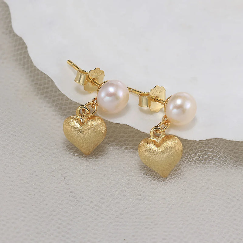 Charming Heart Dangle Earrings with Natural Pearl and 14K Gold Accents