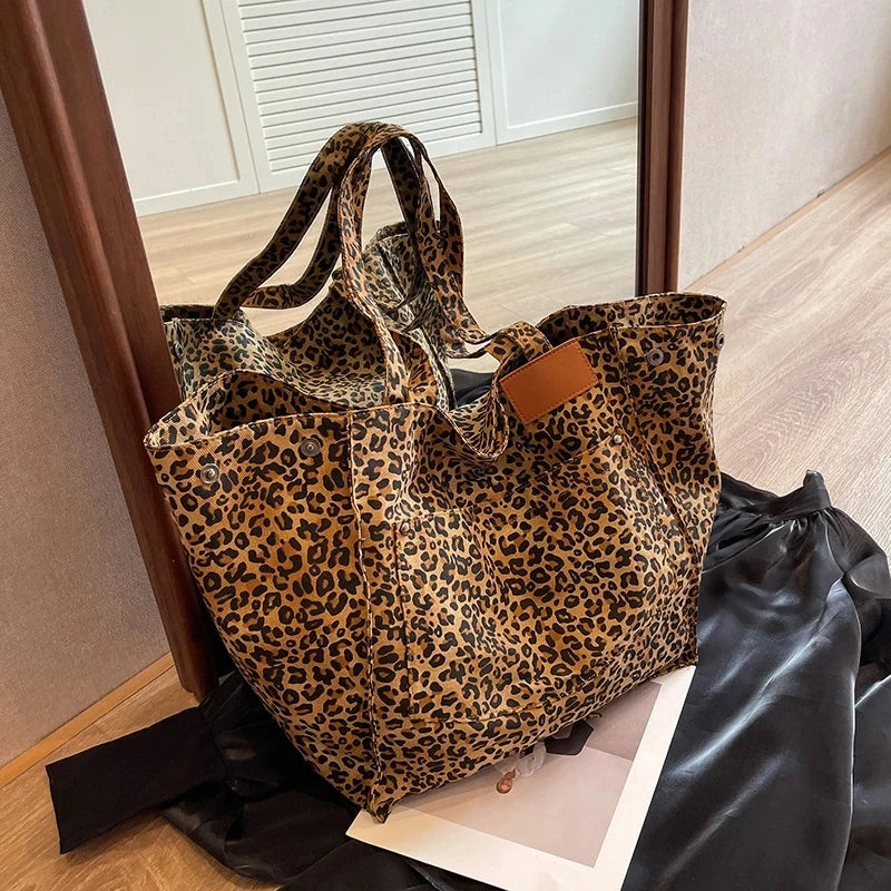 Leopard Pattern Tote Bag. Vintage Canvas Shoulder Bag.