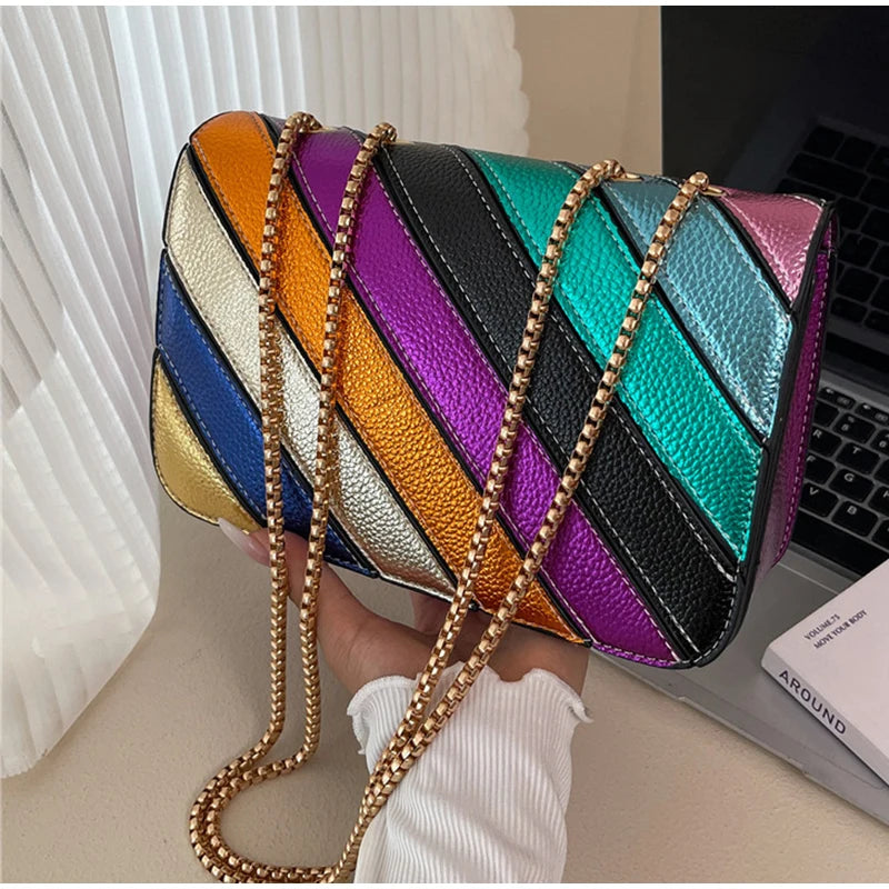Rainbow Contrast Color Crossbody Shoulder Bag. Metal Chain Sling Bag