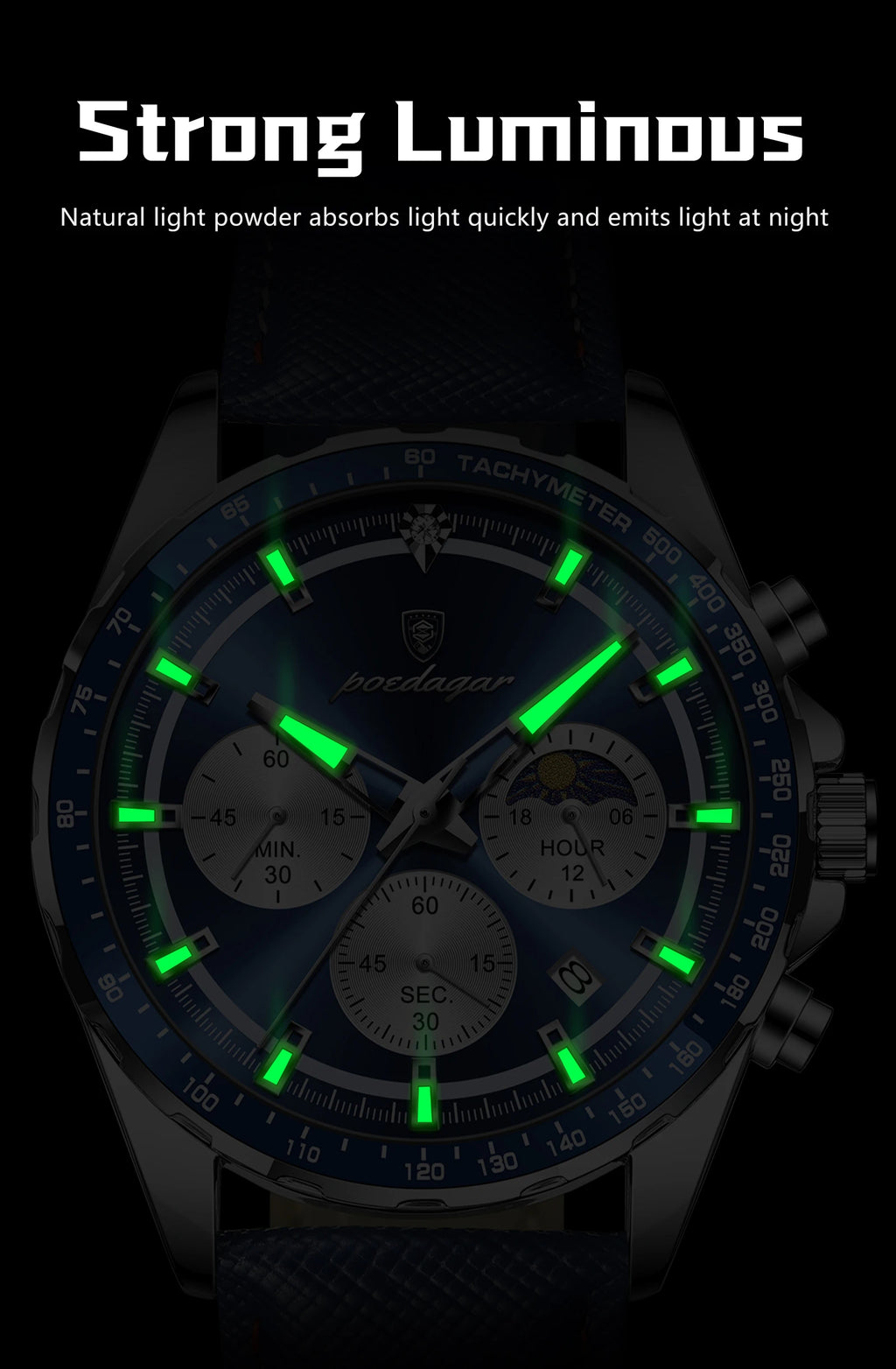 Luminous Waterproof Chronograph.Men's Leather Wristwatch