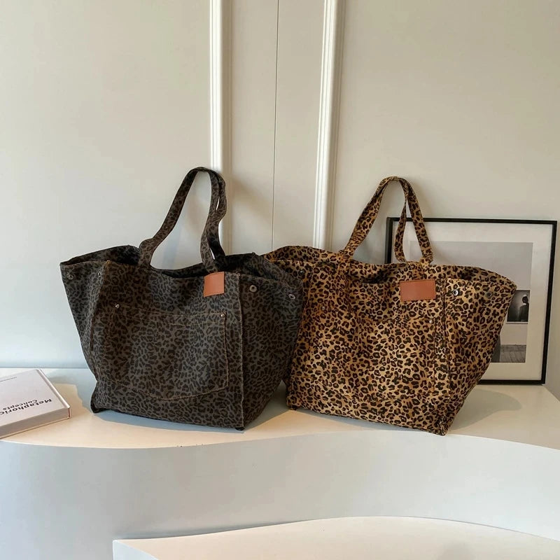 Leopard Pattern Tote Bag. Vintage Canvas Shoulder Bag.