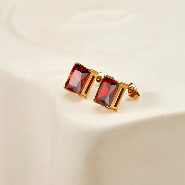 Elegant Square Red Zircon Stud Earrings in 18K Gold Plating