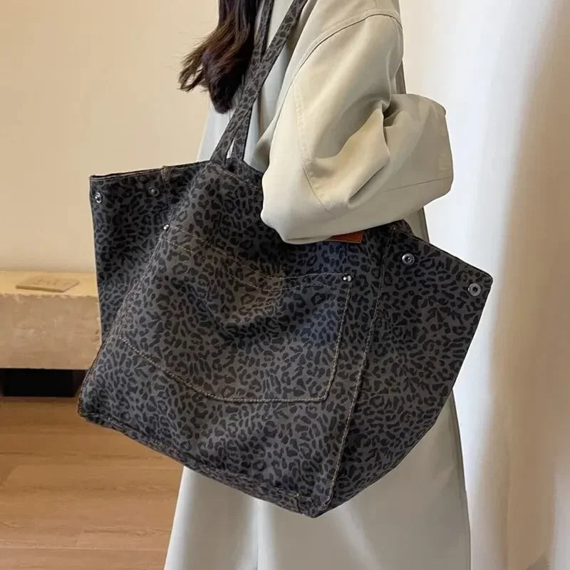 Leopard Pattern Tote Bag. Vintage Canvas Shoulder Bag.