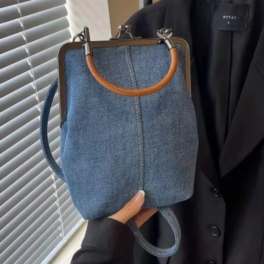 Vintage Style  Handbag Versatile Navy Blue.Fashionable Lady‘s Denim  Bag
