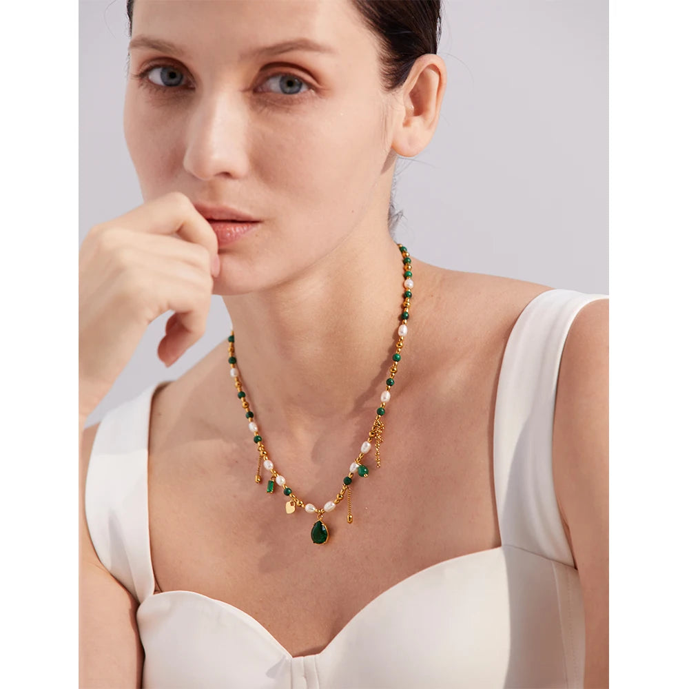 Green Zirconia & Pearl Pendant Necklace