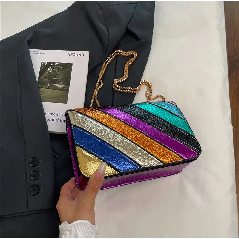 Rainbow Contrast Color Crossbody Shoulder Bag. Metal Chain Sling Bag