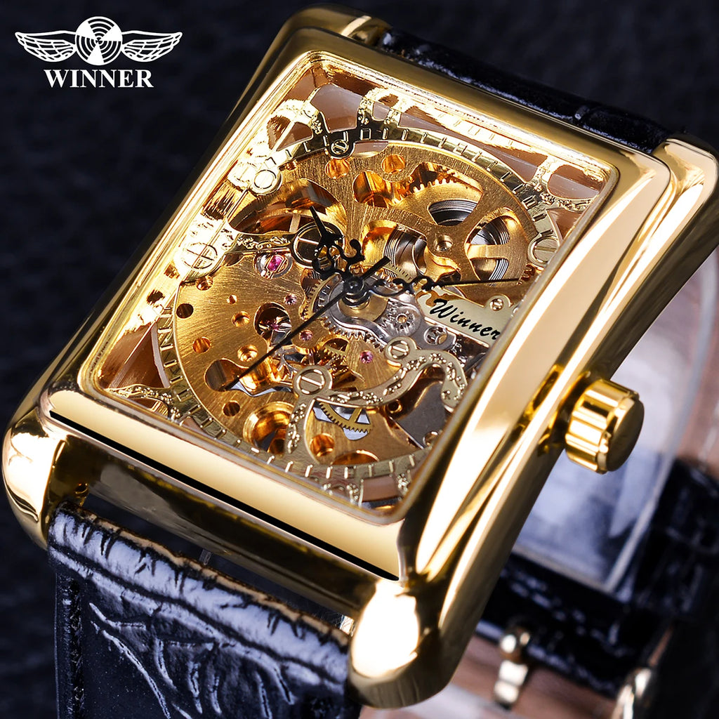 Retro Casual Rectangle Dial Design Golden Pattern Hollow Skeleton
