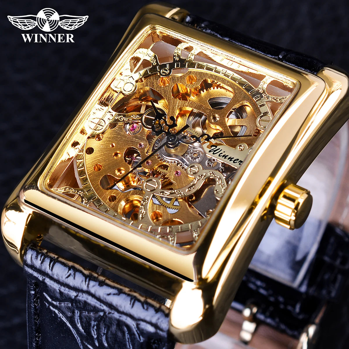 Retro Casual Rectangle Dial Design Golden Pattern Hollow Skeleton