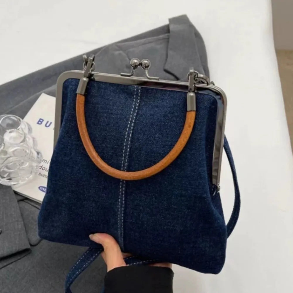 Vintage Style  Handbag Versatile Navy Blue.Fashionable Lady‘s Denim  Bag