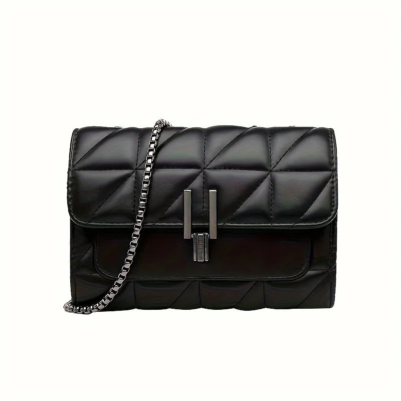 Elegant Black  Leather Shoulder Bag with Chain Strap - Light Luxury, Plaid Pattern with Turn-lock Closure