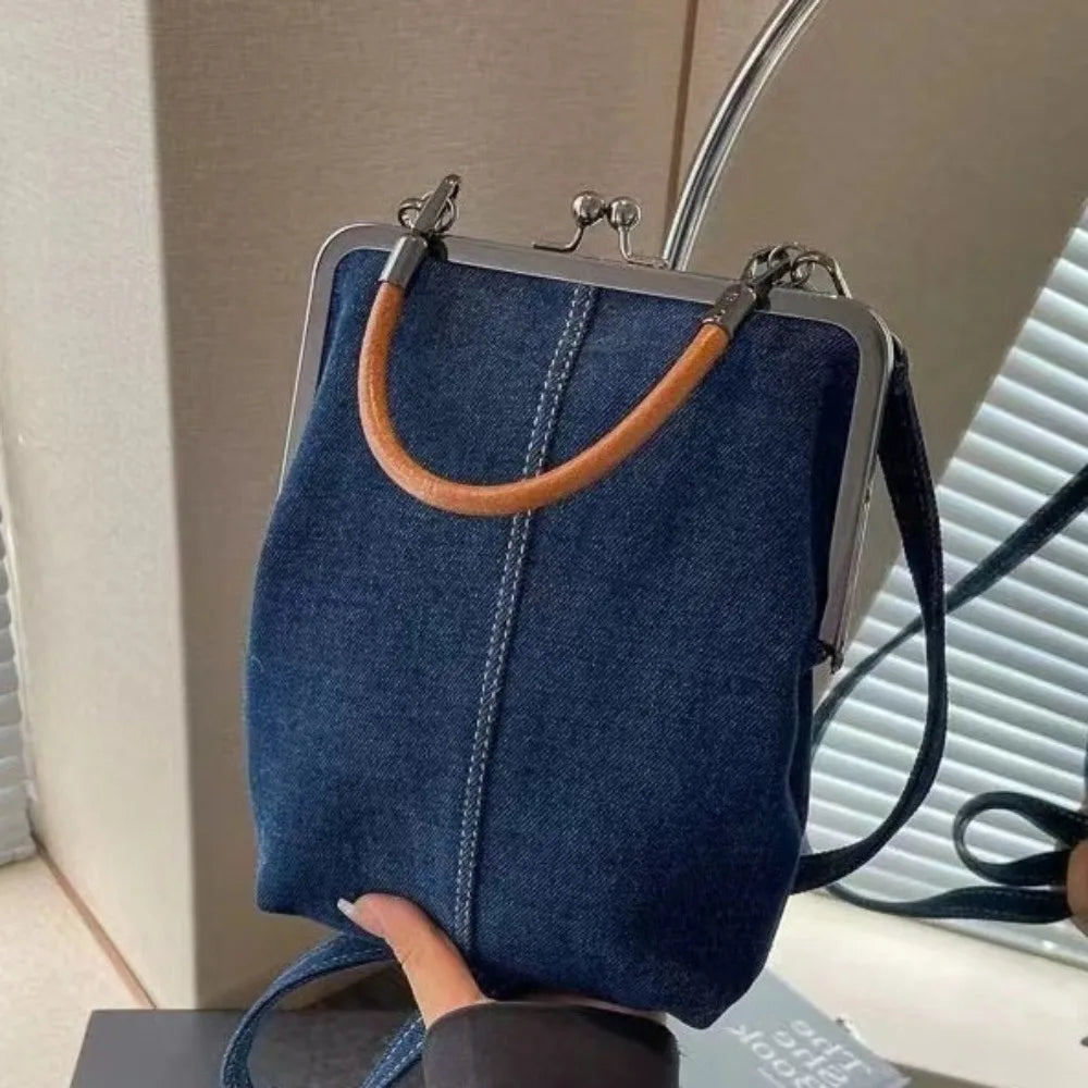 Vintage Style  Handbag Versatile Navy Blue.Fashionable Lady‘s Denim  Bag