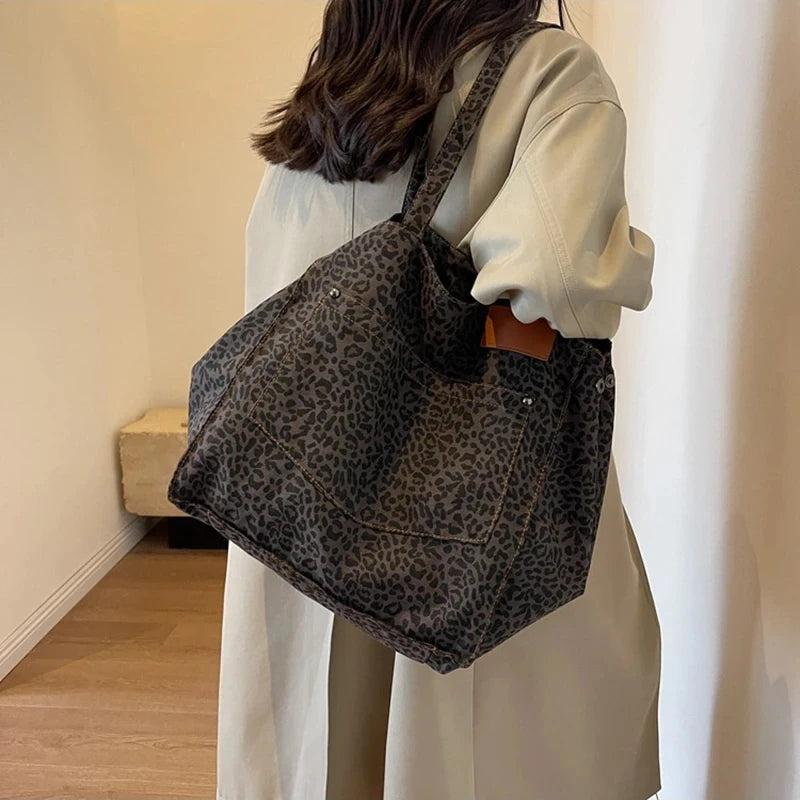 Leopard Pattern Tote Bag. Vintage Canvas Shoulder Bag.