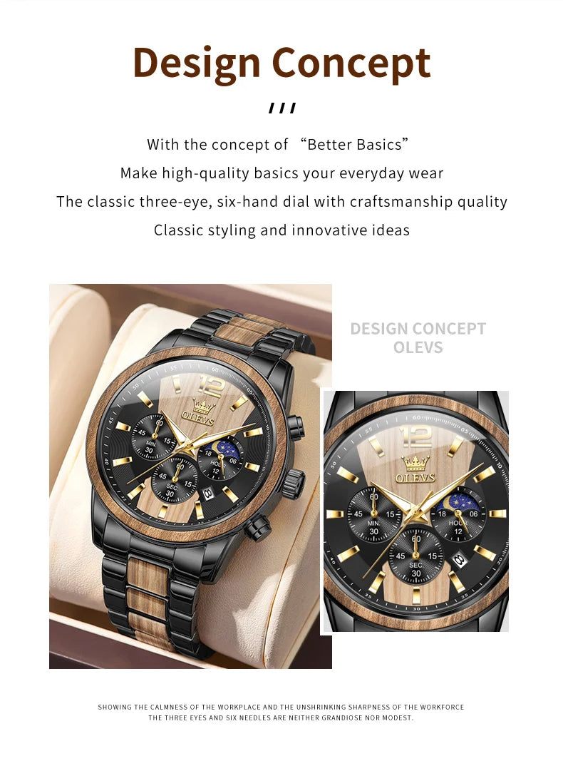 Men's Wooden Watch Luxury Night Light Chronograph