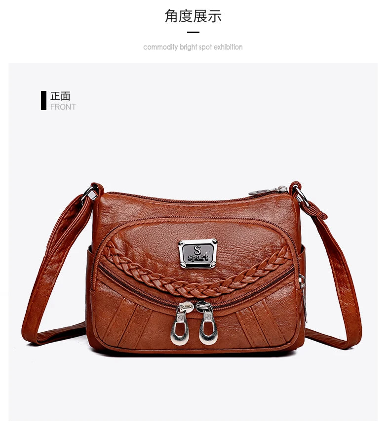 Fashion trend four-season soft leather multi-compartment crossbody handbag