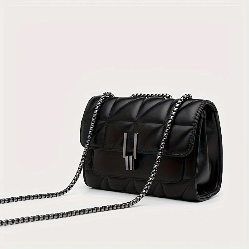 Elegant Black  Leather Shoulder Bag with Chain Strap - Light Luxury, Plaid Pattern with Turn-lock Closure