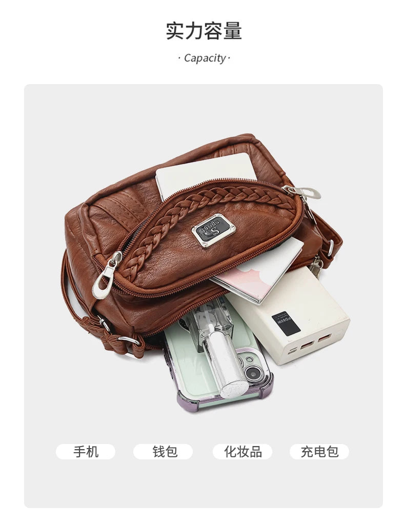 Fashion trend four-season soft leather multi-compartment crossbody handbag