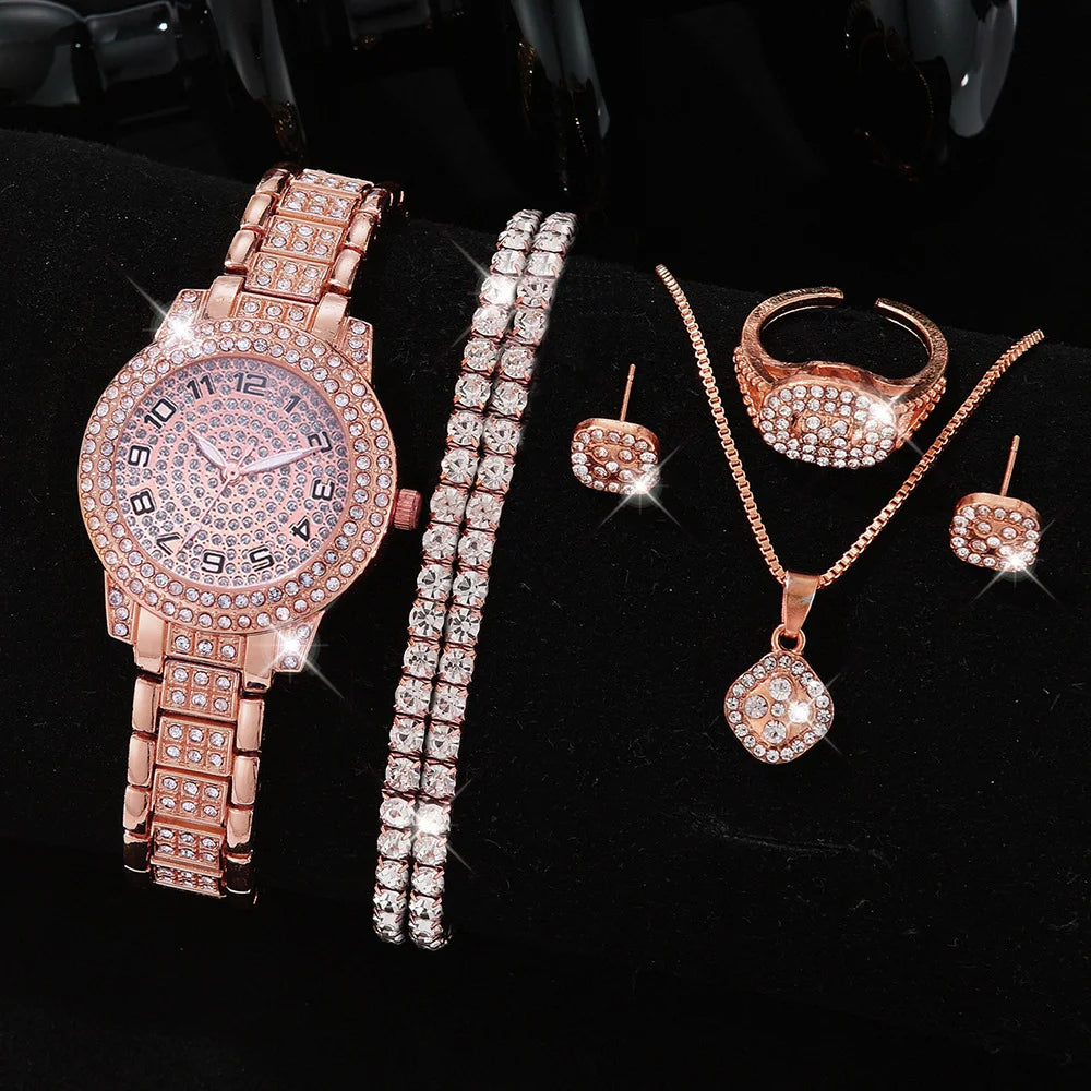 Full Diamond Roman Literal Steel Strip Women's Watch with Starry Charm Business Quartz Watch Set