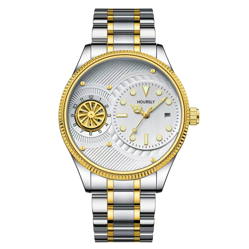 Fashionable  men's watch. Simple circular dial with rotating turntable luminous calendar stainless steel