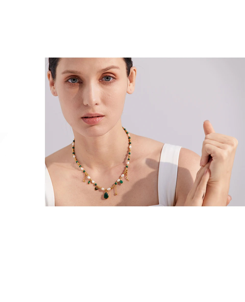 Green Zirconia & Pearl Pendant Necklace