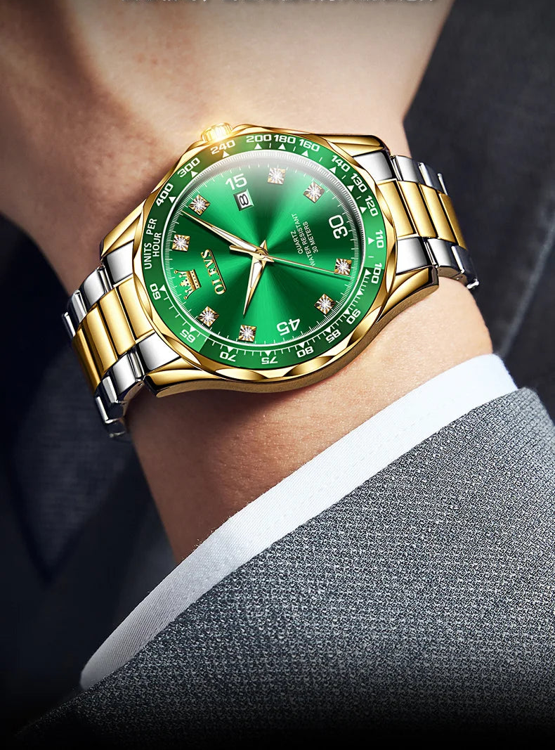 Golden Green Quartz Watch for Men.Waterproof Stainless steel  Watch