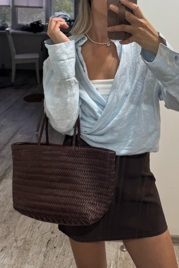 Genuine Leather Shoulder Bag Weaving Casual Shopping Bag