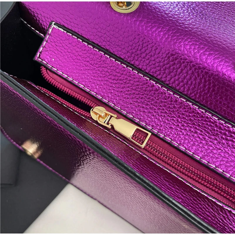 Rainbow Contrast Color Crossbody Shoulder Bag. Metal Chain Sling Bag