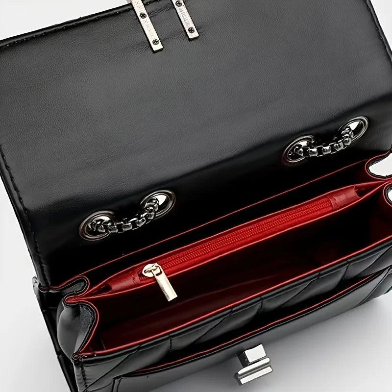 Elegant Black  Leather Shoulder Bag with Chain Strap - Light Luxury, Plaid Pattern with Turn-lock Closure