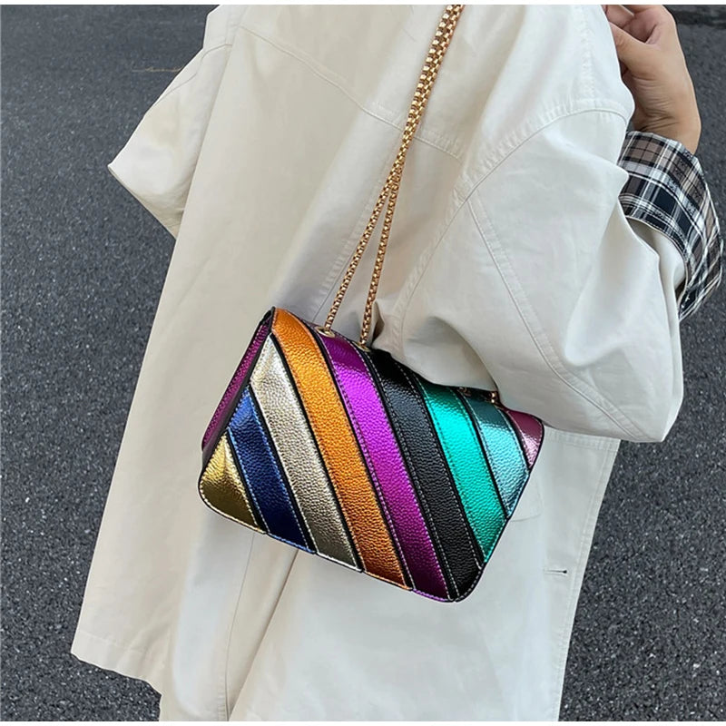 Rainbow Contrast Color Crossbody Shoulder Bag. Metal Chain Sling Bag