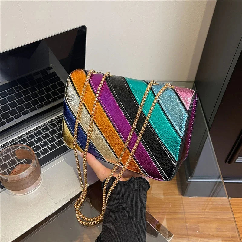 Rainbow Contrast Color Crossbody Shoulder Bag. Metal Chain Sling Bag