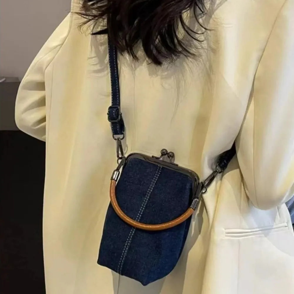 Vintage Style  Handbag Versatile Navy Blue.Fashionable Lady‘s Denim  Bag