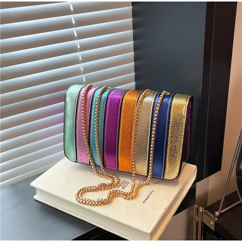Rainbow Contrast Color Crossbody Shoulder Bag. Metal Chain Sling Bag