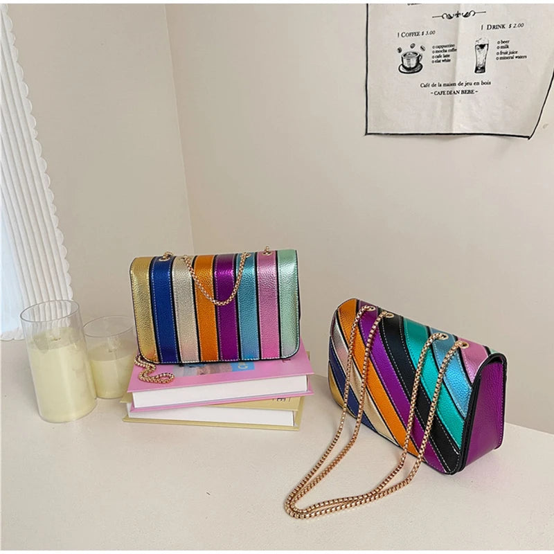 Rainbow Contrast Color Crossbody Shoulder Bag. Metal Chain Sling Bag